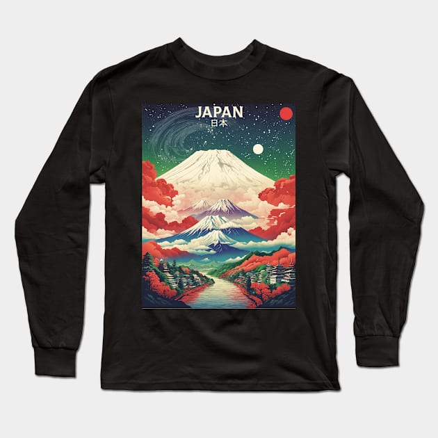 Japan Mt. Fuji Cherry Blossom Starry Night Vintage Tourism Travel Poster Long Sleeve T-Shirt by TravelersGems